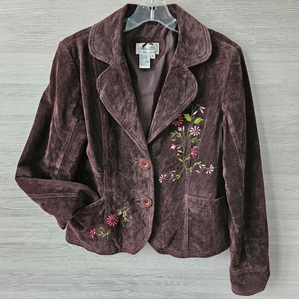 Live A Little Suede Brown Embroidered Floral Velvet Blazer Boho Jacket Size M